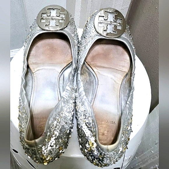 Tory Burch Reva Silver Sequins/Glitter Ballet Flats Shoes Size 8.5🌴 - Picture 5 of 11